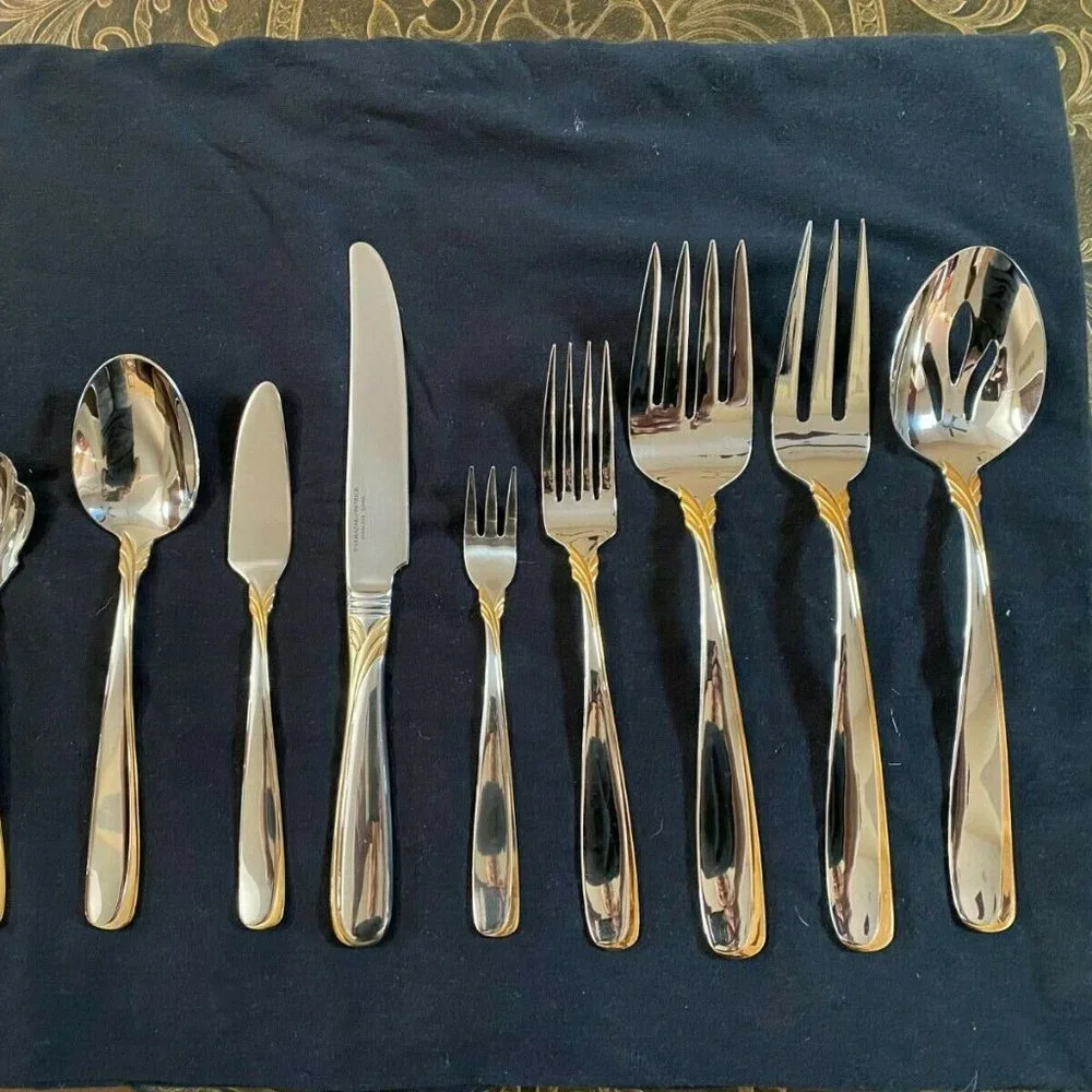 NEW Yamazaki Affair Gold Accent Stainless Glossy Flatware Cold Meat Fork 4 prong